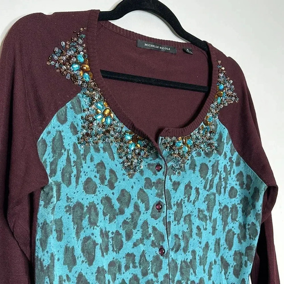 Ladies Leopard Turquoise/Brown Cardigan w/Jeweled Neckline Sz M Excellent Cond - Picture 3 of 7